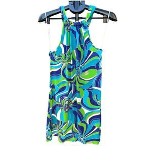 NWT Trina by Trina Turk Juju Halter Shift Mini Dress Blue Green Abstract M